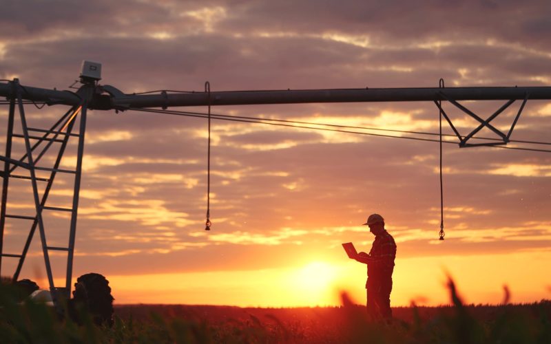 Silhouette,Agriculture.,Male,Farmer,Works,On,A,Laptop,In,A